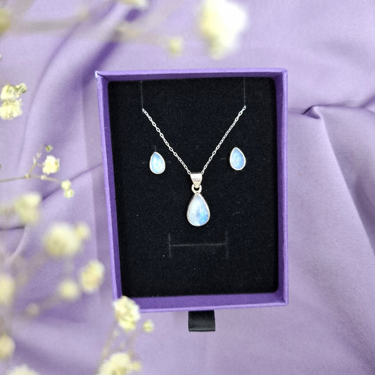 Sininen kuukivi-kaulakoru ja korvikset