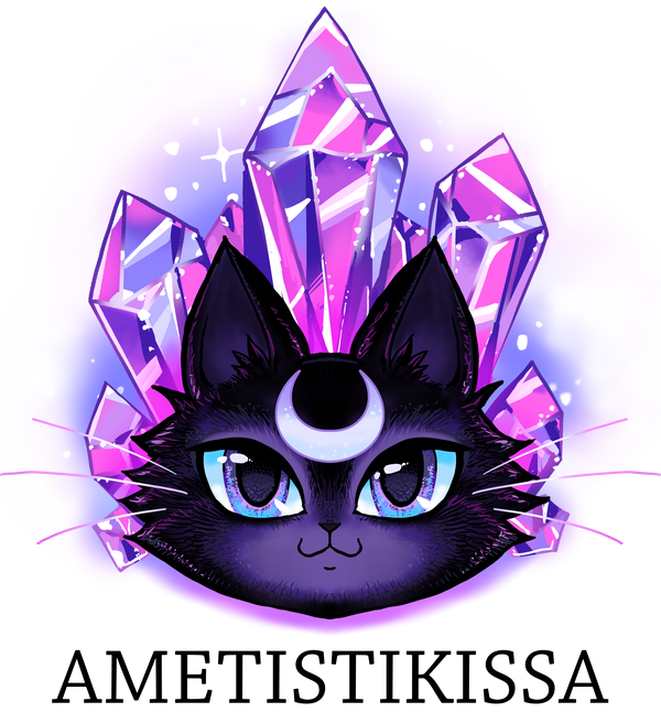 Ametistikissa logo – mystinen musta kissa ja violetit kristallit kuunsirppi otsalla
