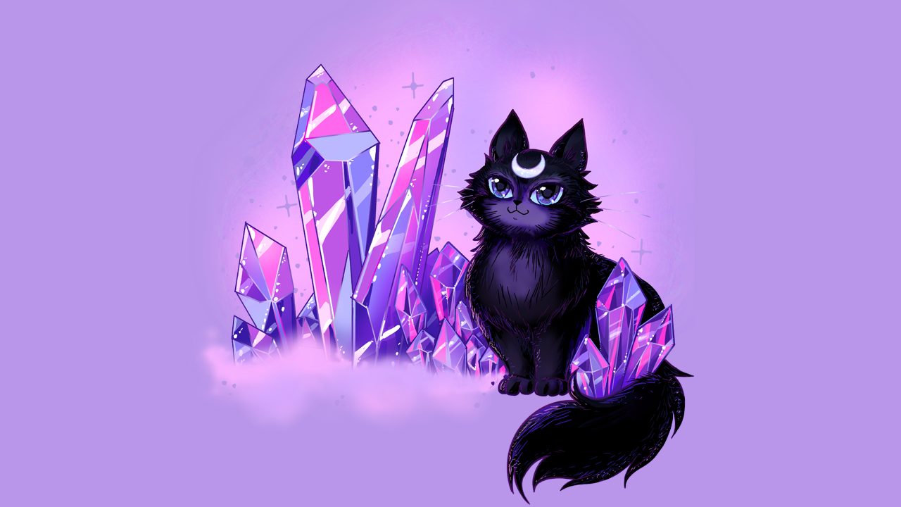 Ametistikissa – musta kissa ametisti- ja kristallikivien keskellä