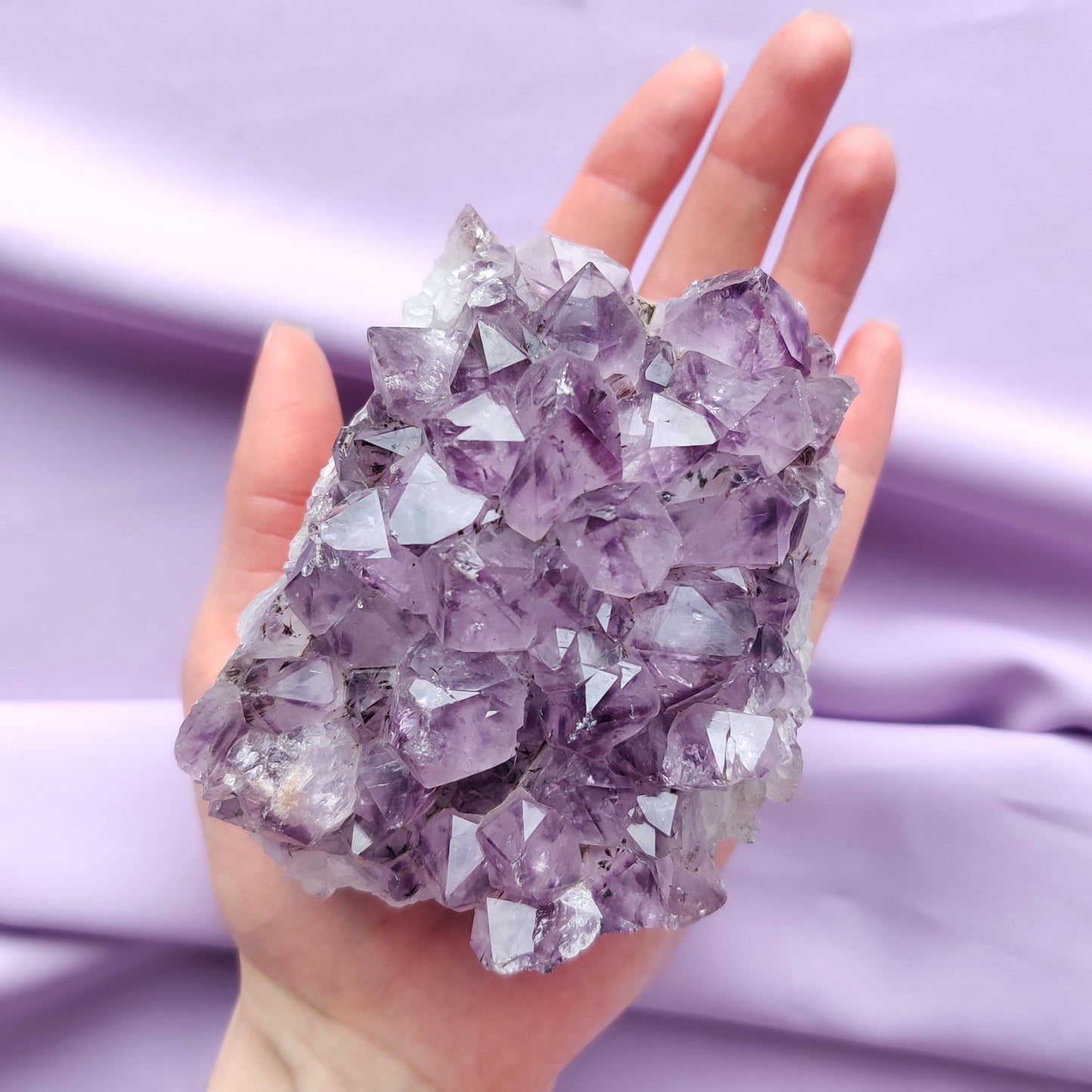 keskikokoinen ametistiryväs kädessä violetilla taustalla